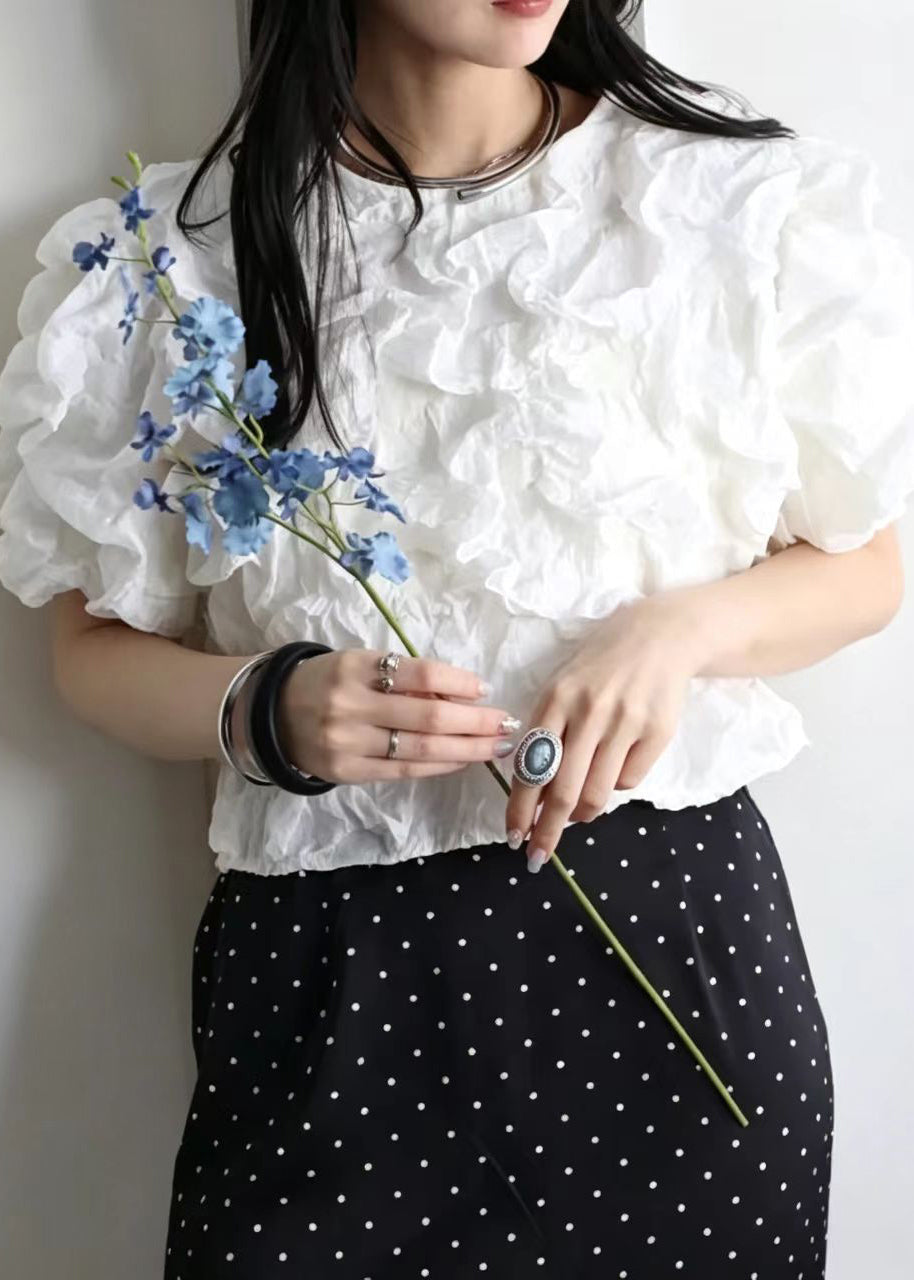 White O-Neck Wrinkled Cotton Shirt Tops Short Sleeve