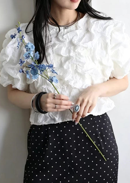 White O-Neck Wrinkled Cotton Shirt Tops Short Sleeve