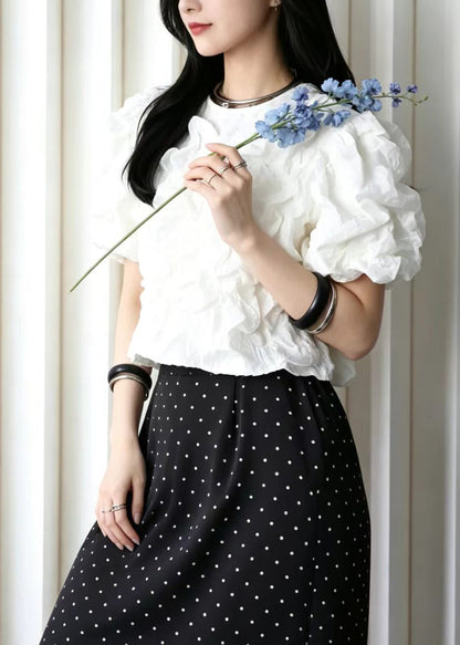 White O-Neck Wrinkled Cotton Shirt Tops Short Sleeve
