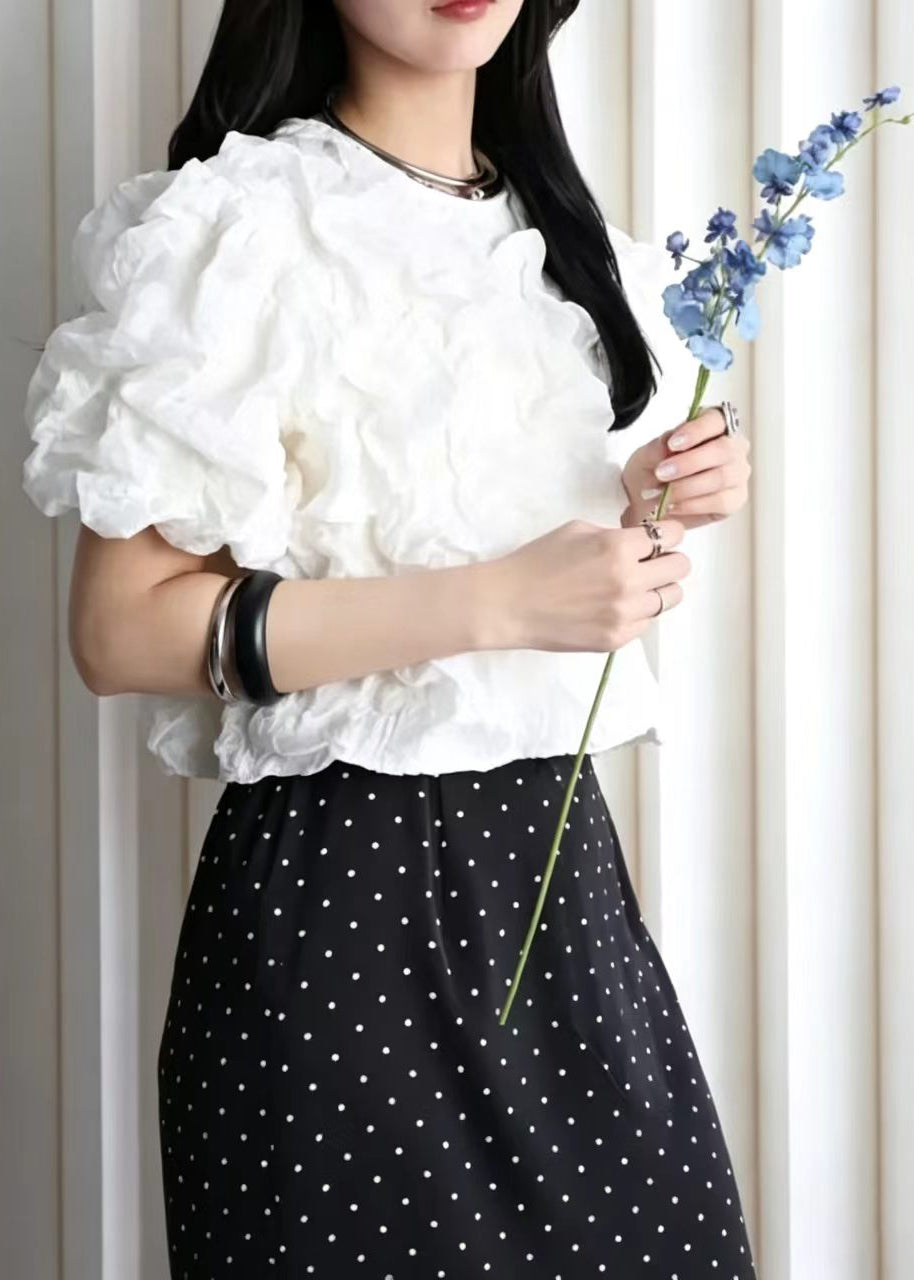 White O-Neck Wrinkled Cotton Shirt Tops Short Sleeve