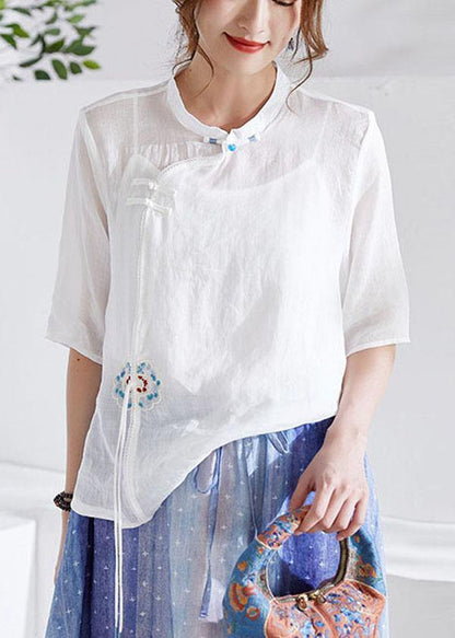 White Oriental Embroideried Summer Ramie Blouses Half Sleeve - SooLinen