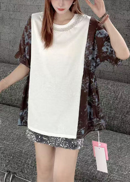 White Patchwork Cotton Tanks Oversized Zircon Summer