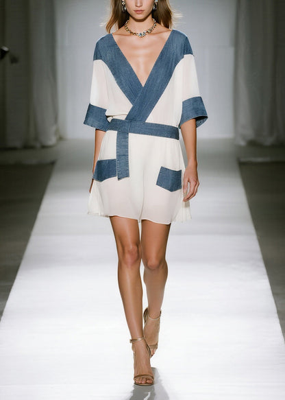 White Patchwork Denim Chiffon Mini Dresses V Neck Summer