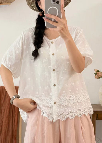 White Patchwork Lace Blouses Embroidered Summer