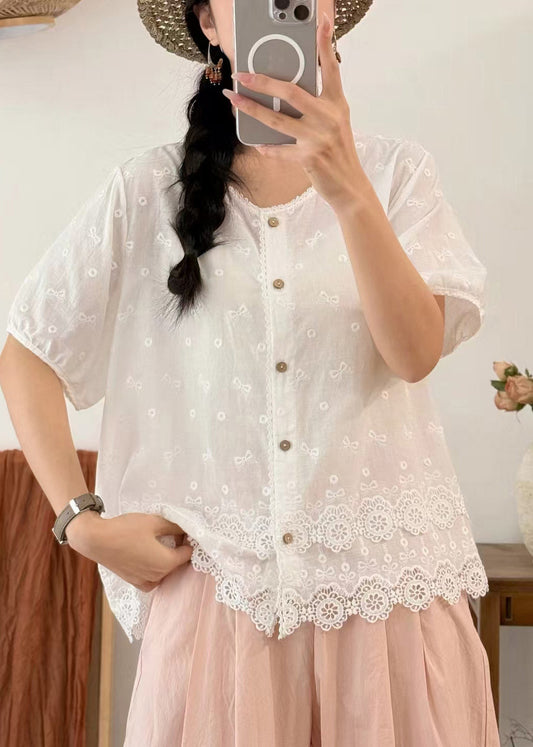 White Patchwork Lace Blouses Embroidered Summer