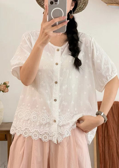 White Patchwork Lace Blouses Embroidered Summer