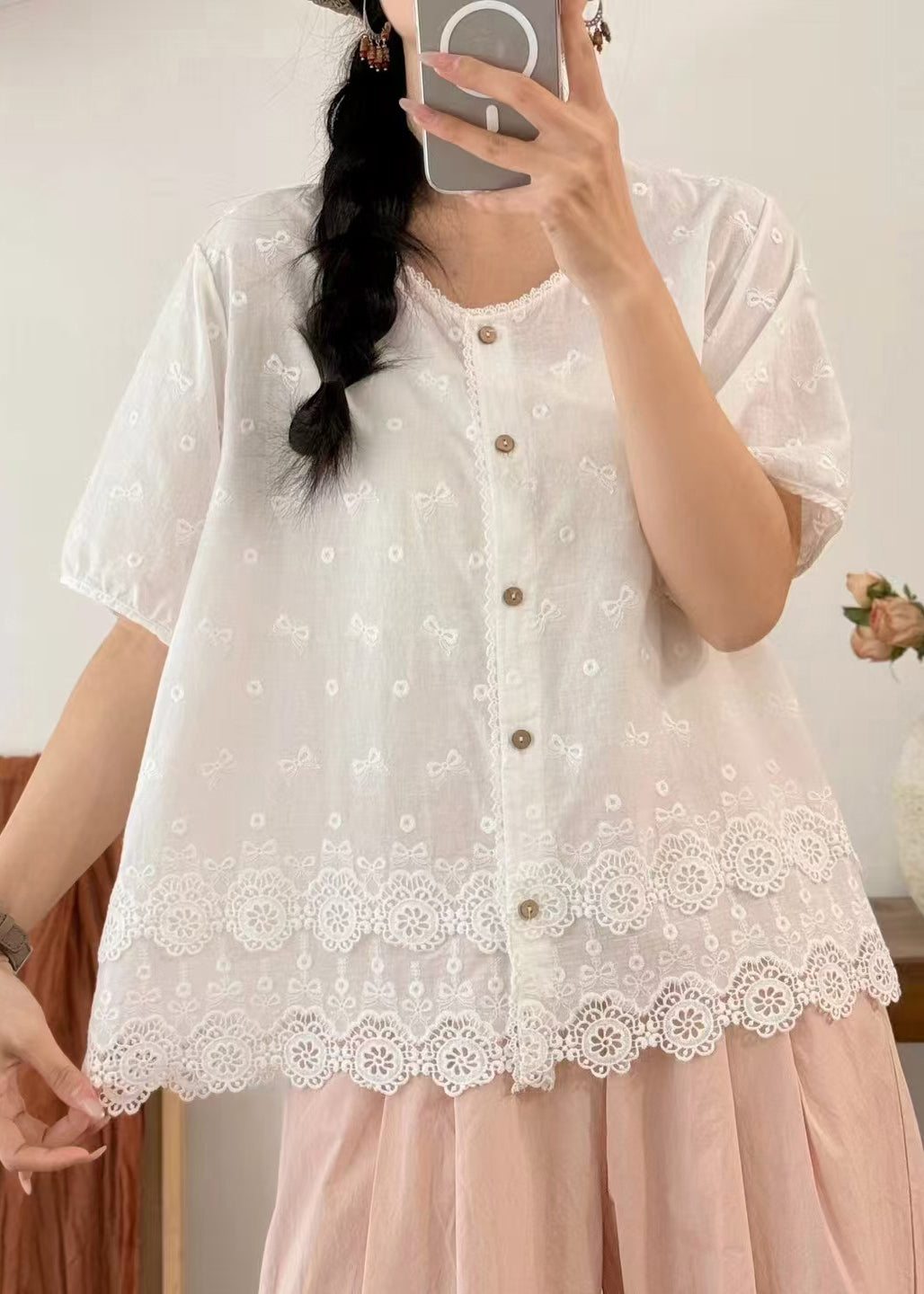 White Patchwork Lace Blouses Embroidered Summer