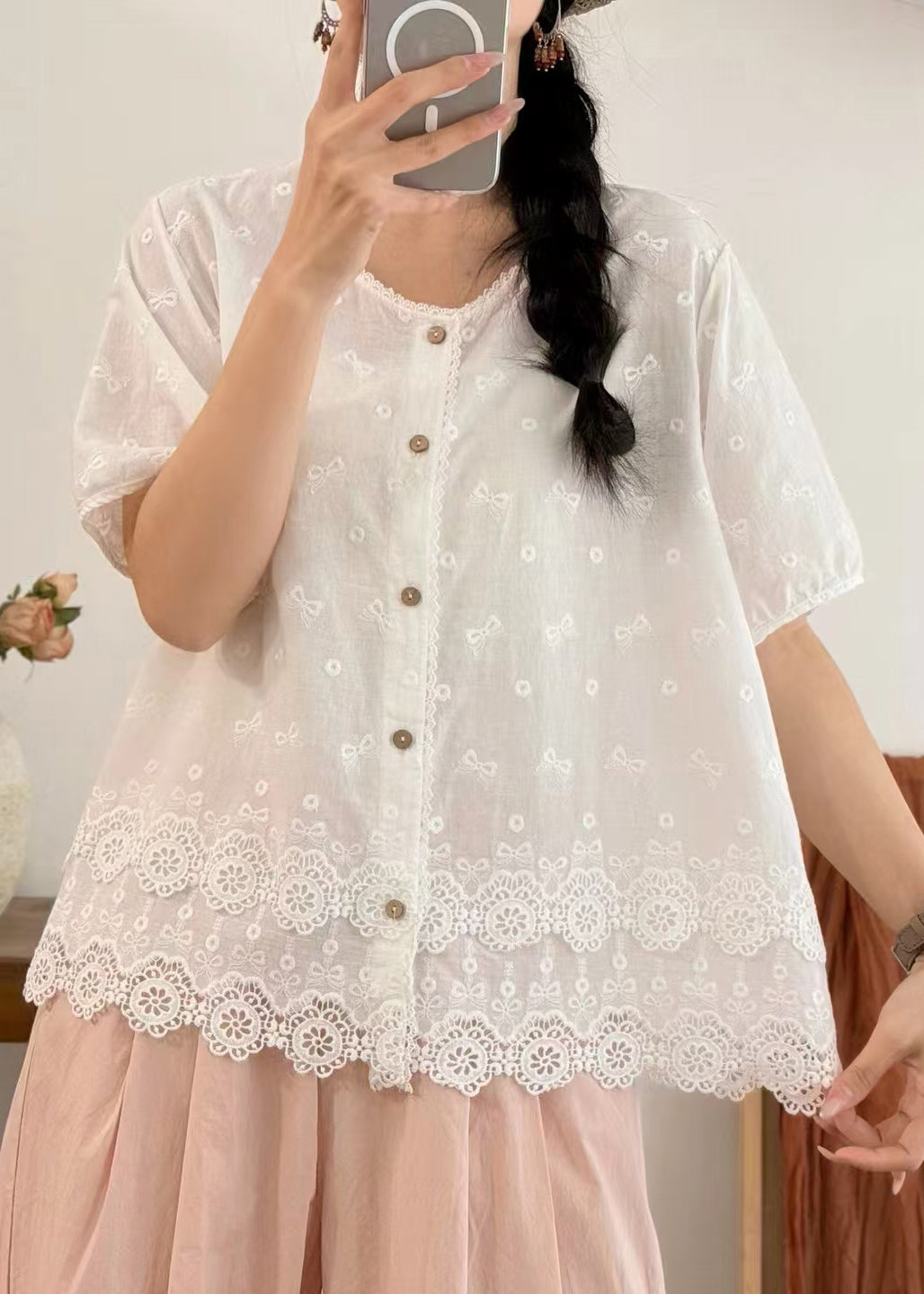 White Patchwork Lace Blouses Embroidered Summer