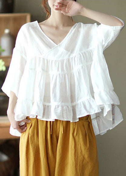 White Patchwork Linen Shirt Top Ruffled Half Sleeve