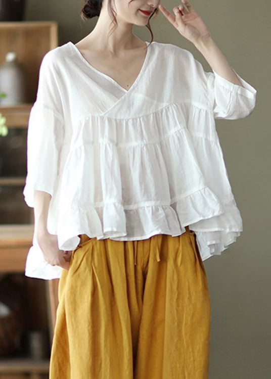 White Patchwork Linen Shirt Top Ruffled Half Sleeve