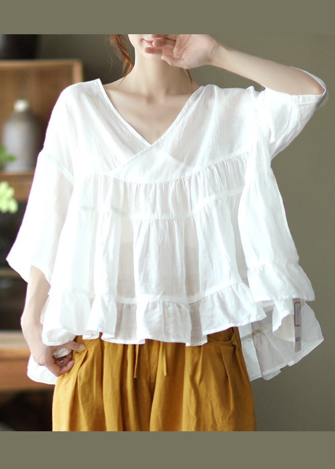 White Patchwork Linen Shirt Top Ruffled Half Sleeve
