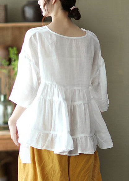 White Patchwork Linen Shirt Top Ruffled Half Sleeve