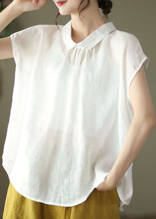 Camisa de lino con patchwork blanco y cuello Peter Pan con botones para verano