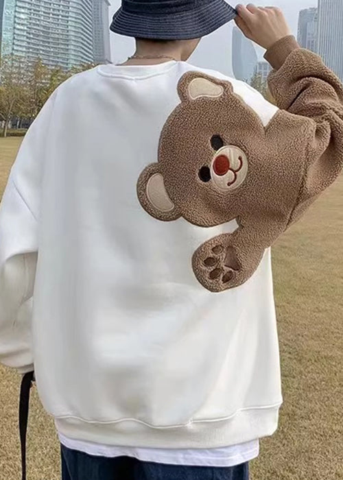 White Patchwork Teddy Faux Fur Mens Sweatshirts O Neck