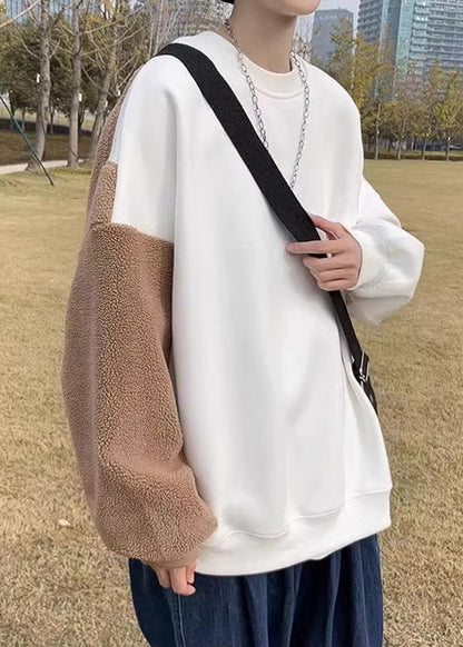 White Patchwork Teddy Faux Fur Mens Sweatshirts O Neck