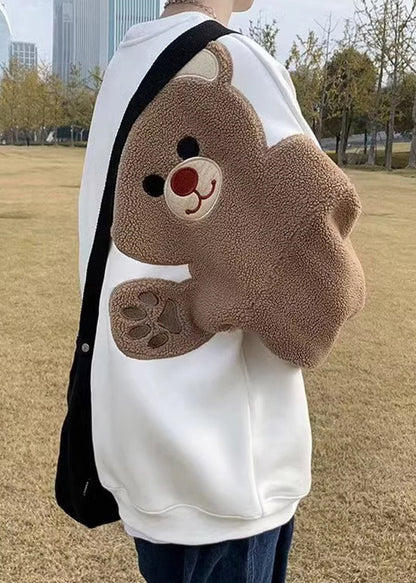 White Patchwork Teddy Faux Fur Mens Sweatshirts O Neck