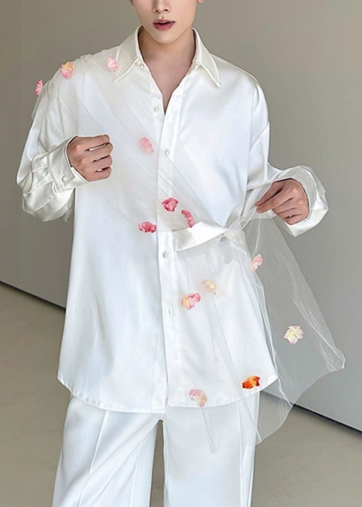 White Patchwork Tulle Men Casual Clothing Oversized Flower Fall