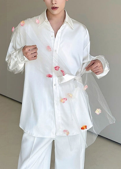 White Patchwork Tulle Men Casual Clothing Oversized Flower Fall