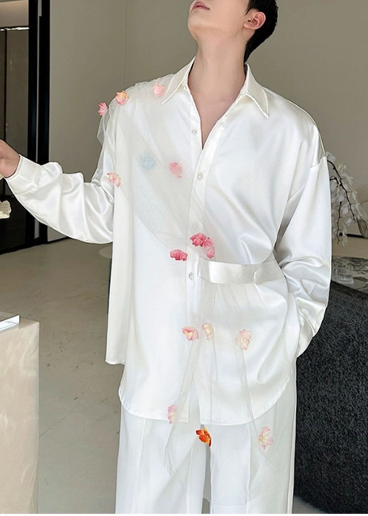 White Patchwork Tulle Men Casual Clothing Oversized Flower Fall