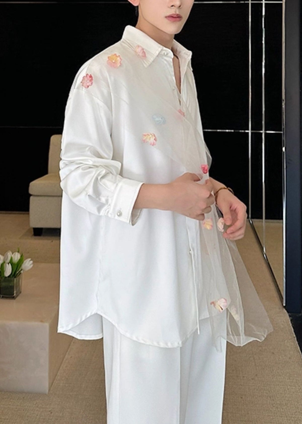 White Patchwork Tulle Men Casual Clothing Oversized Flower Fall