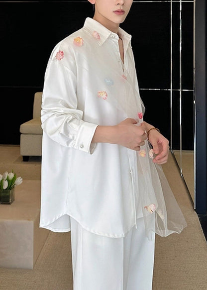 White Patchwork Tulle Men Casual Clothing Oversized Flower Fall