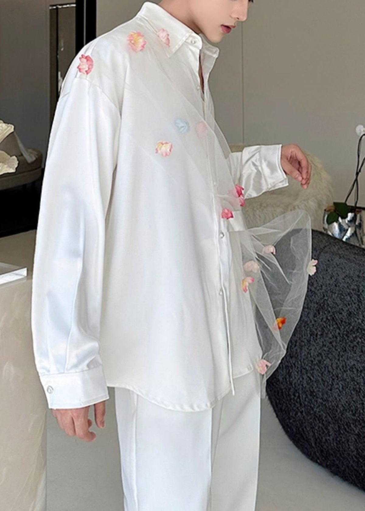 White Patchwork Tulle Men Casual Clothing Oversized Flower Fall