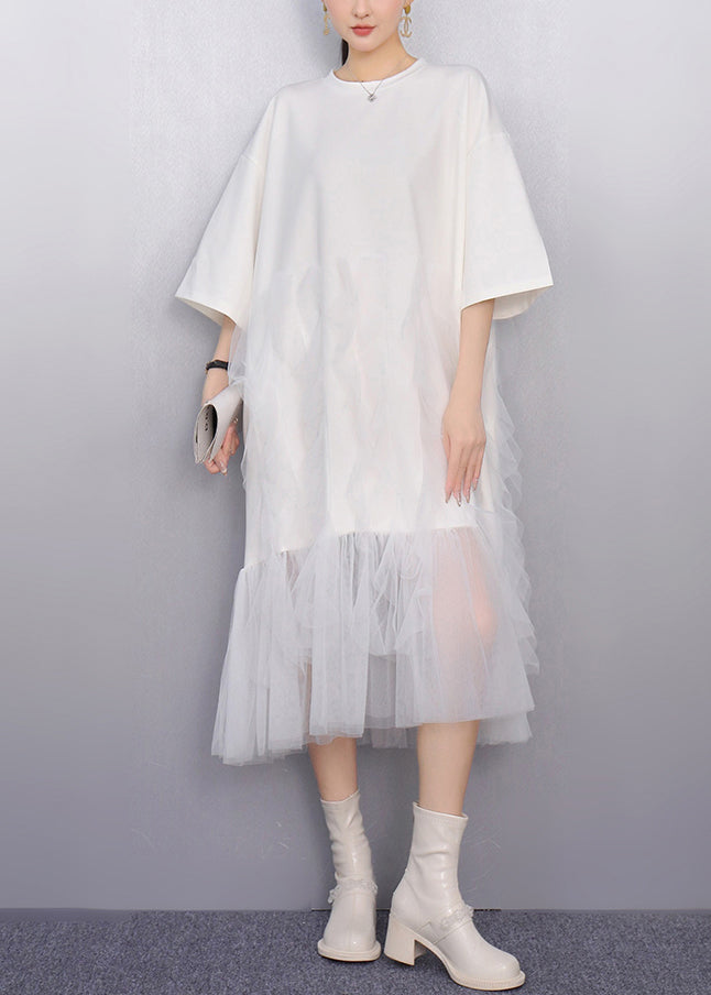 White Patchwork Tulle Vacation Dresses Oversized Summer