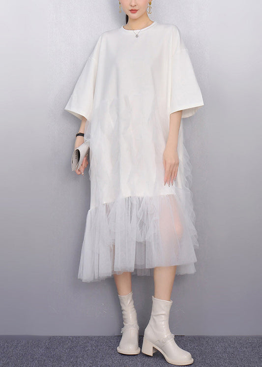 White Patchwork Tulle Vacation Dresses Oversized Summer