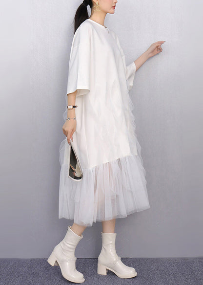 White Patchwork Tulle Vacation Dresses Oversized Summer