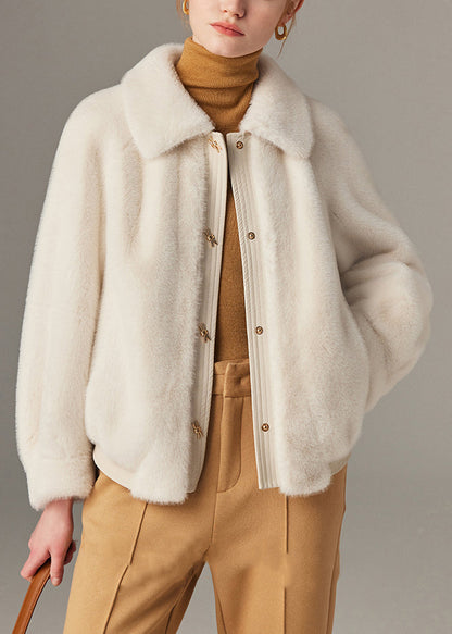 Abrigo de pelo de visón con patchwork de piel sintética y bolsillos blancos, cuello Peter Pan