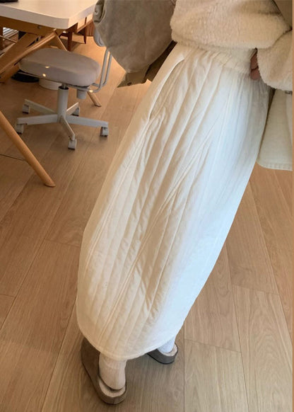 White Pockets Solid Cotton Filled Skirts Winter Elastic Waist
