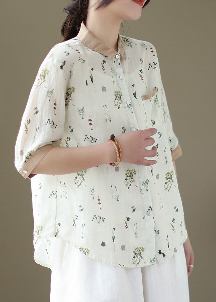 Blusas de lino con cuello Peter Pan y estampado patchwork blanco para verano