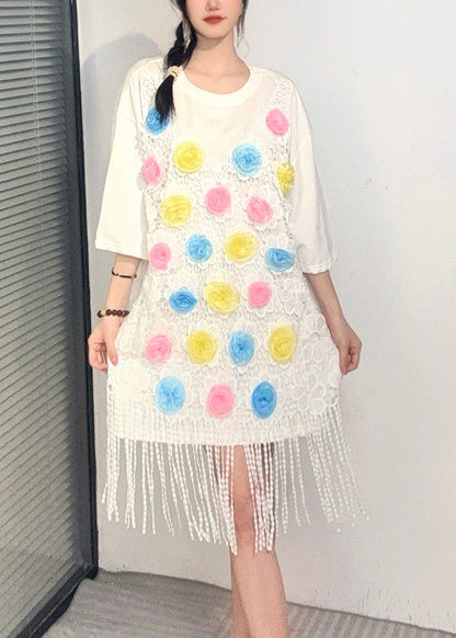 Weißes Print-Quasten-Mittelkleid mit kurzen Ärmeln