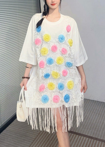 Weißes Print-Quasten-Mittelkleid mit kurzen Ärmeln