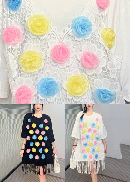 Weißes Print-Quasten-Mittelkleid mit kurzen Ärmeln