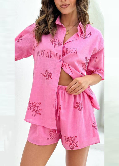 White Printed Shirt And Shorts Collar Set For Women