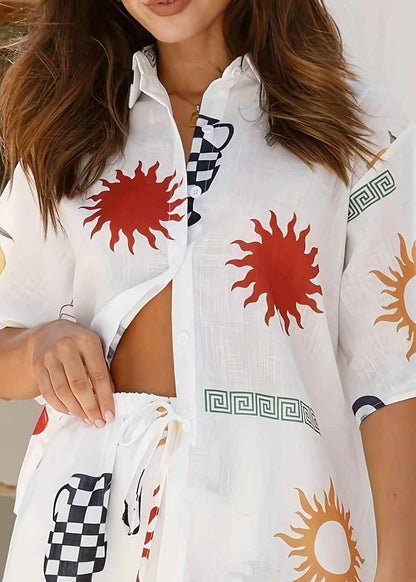 White Printed Shirt And Shorts Collar Set For Women