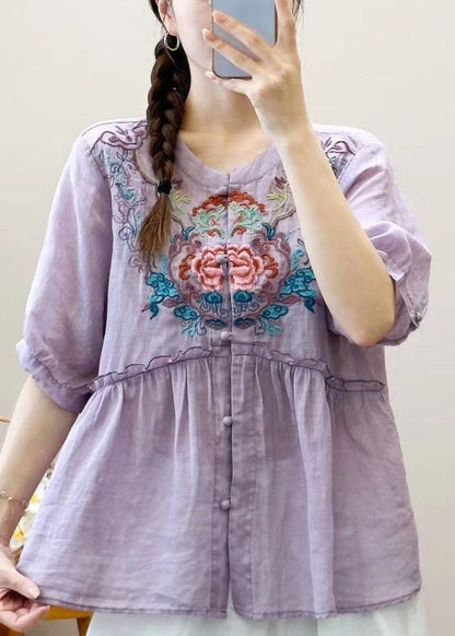 Weiße, bestickte Sommerhemden aus Leinen mit Rüschenknöpfen