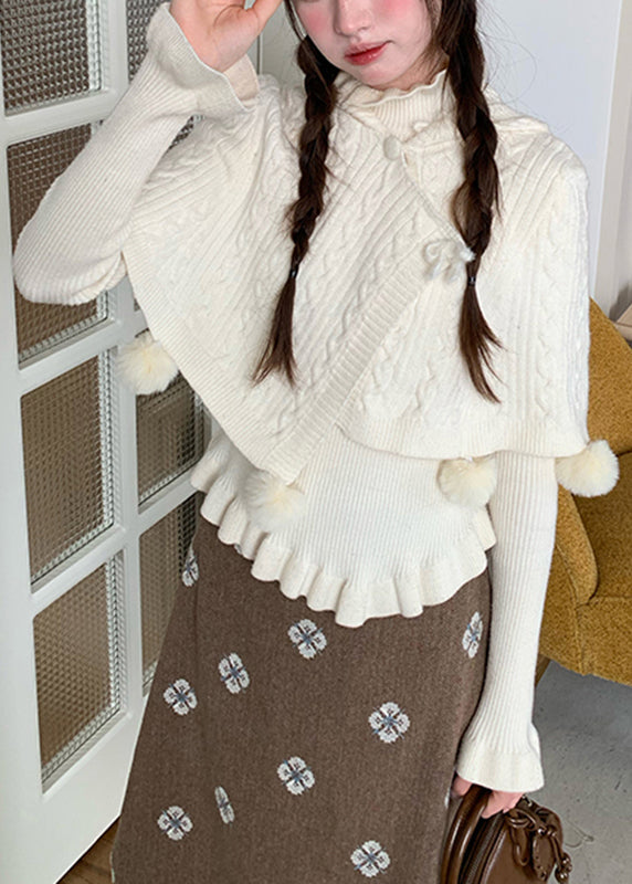 Conjunto de dos piezas de capa y suéter de punto de algodón blanco con volantes y mangas acampanadas