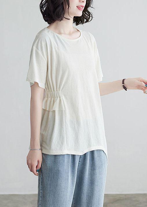 White Ruffled asymmetrical design Cotton Summer Tops - SooLinen