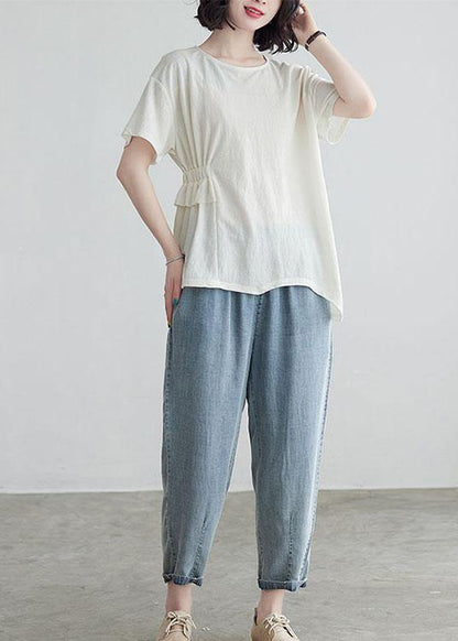 White Ruffled asymmetrical design Cotton Summer Tops - SooLinen