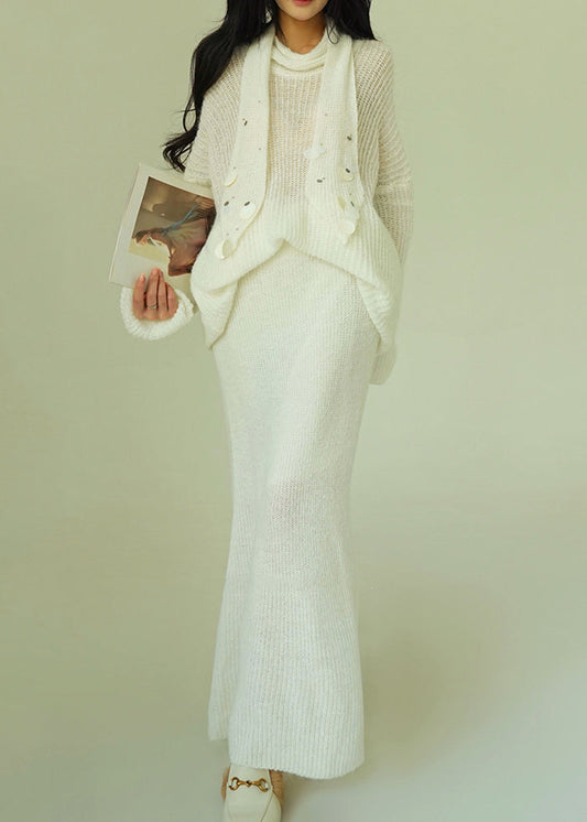 White Sequins Sweaters And Skirts Knit Two-Piece Set V Neck