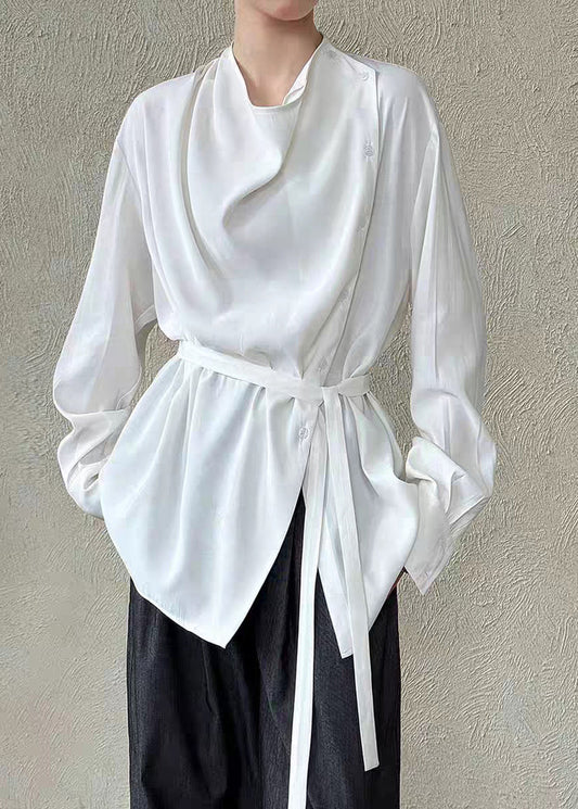 White Stand Collar Button Solid Shirts Lantern Sleeve