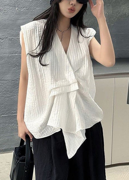 White Striped Cotton Vests Asymmetrical Design Sleeveless