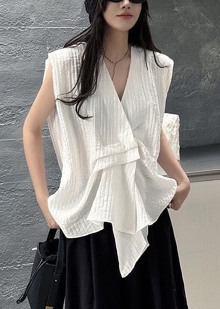 White Striped Cotton Vests Asymmetrical Design Sleeveless