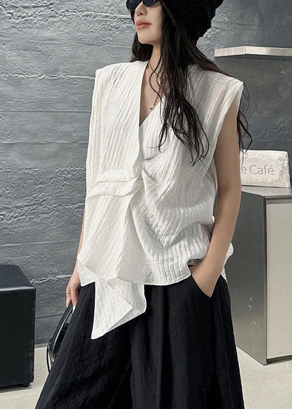 White Striped Cotton Vests Asymmetrical Design Sleeveless