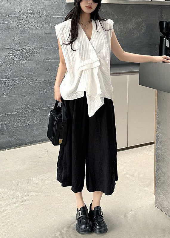 White Striped Cotton Vests Asymmetrical Design Sleeveless