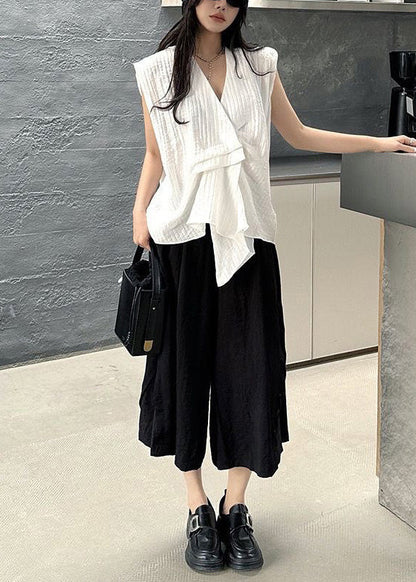 White Striped Cotton Vests Asymmetrical Design Sleeveless