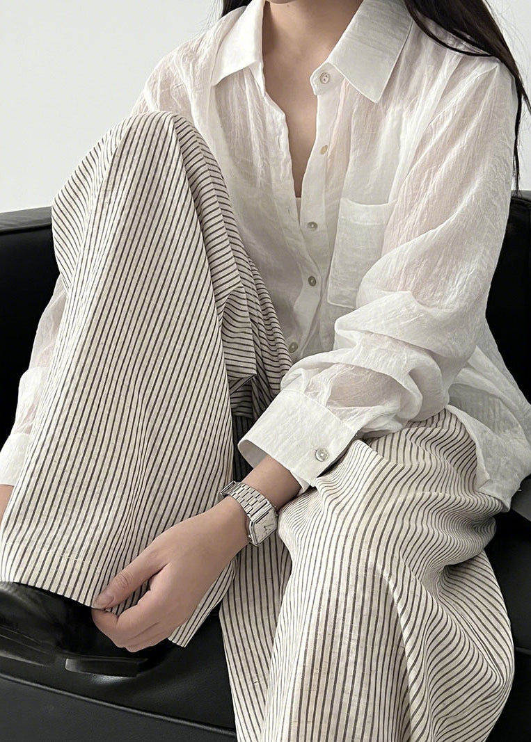 White Striped Cotton Wide Leg Pants Trousers Oversized Spring