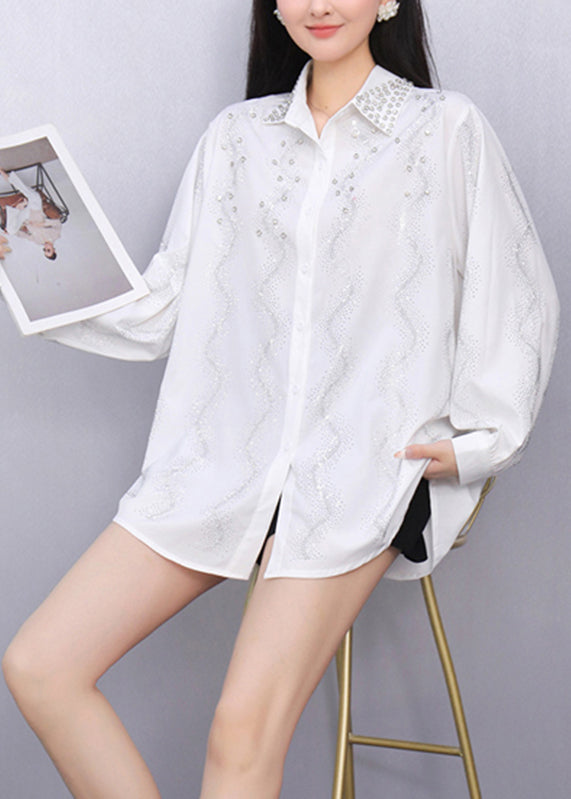 White Striped Nail Bead Button Shirts Fall